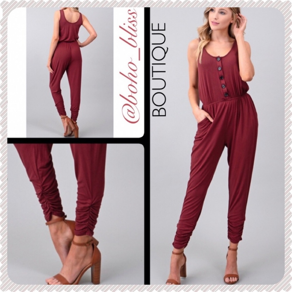 Button Front Ruched Ankle Jumpsuit Burgundy Wine Red NWT